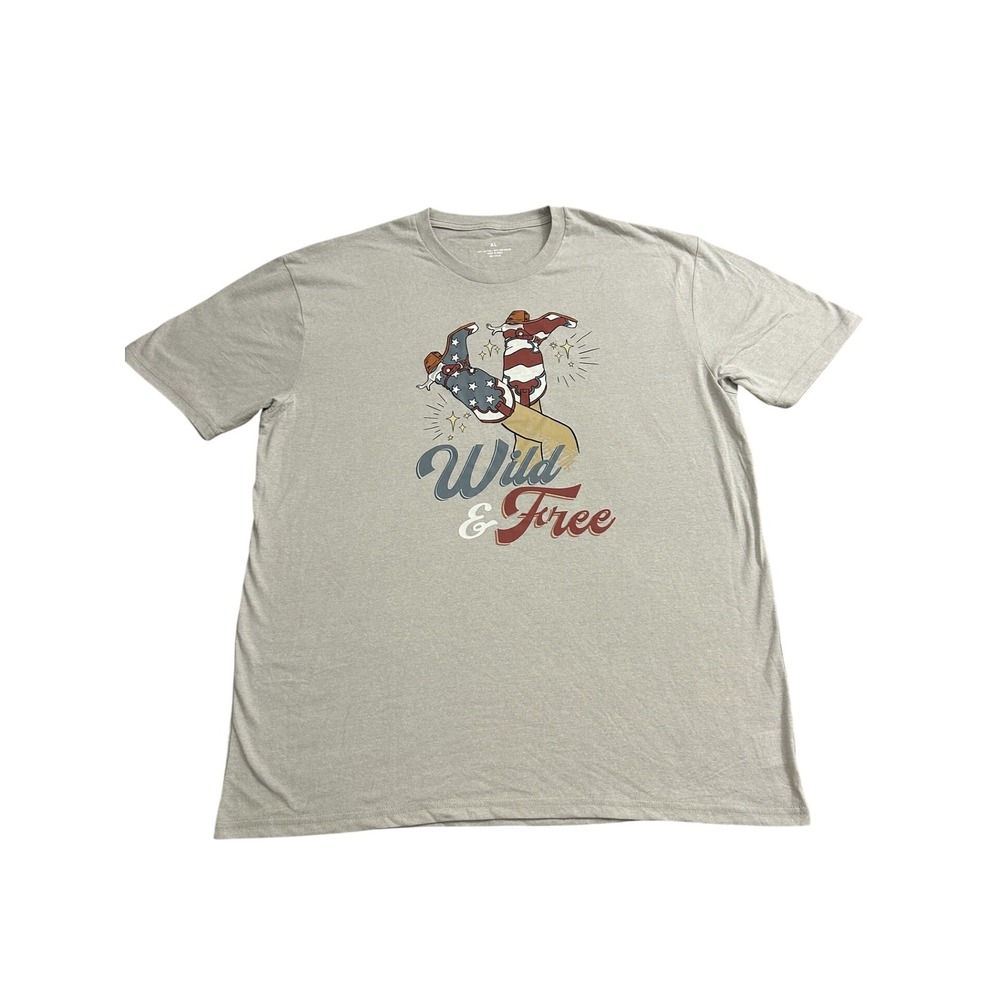 Wild‎ & Free Graphic T-Shirt Mens XL Gray Excellent Patriotic Cowboy Boots Tee